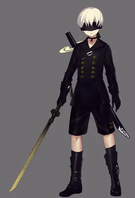 Digital illustration of 2B (YoRHa No.2 Type B) from NieR: Automata wearing a black gothic-lolita style outfit with a blindfold and holding a sword.