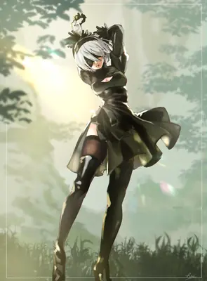 2B (YoRHa No.2 Type B) from NieR: Automata stands in a dramatic pose with her arms raised, wearing a black gothic-lolita dress and blindfold amidst a sunlit forest setting.