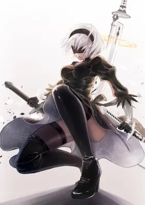 Digital illustration of 2B (YoRHa No.2 Type B) from NieR: Automata in a dynamic combat pose with dual swords.