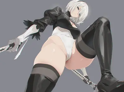 Digital illustration of 2B (YoRHa No.2 Type B) from NieR: Automata in a gothic-lolita outfit, holding a sword.