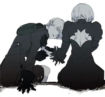 Fan art of 2B (YoRHa No.2 Type B) and 9S from NieR: Automata, showing a poignant interaction between the two characters.