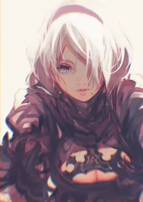 Digital illustration of 2B (YoRHa No.2 Type B) from NieR: Automata wearing a gothic-lolita style black dress with a blindfold.