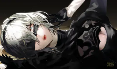 Digital illustration of 2B (YoRHa No.2 Type B) from NieR: Automata, shown lying down in a black gothic-lolita outfit with a blindfold.
