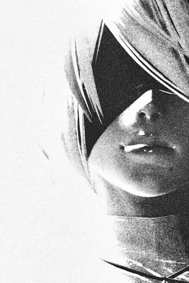 Black and white digital illustration of 2B from NieR: Automata, showing her blindfolded face in a dramatic close-up.