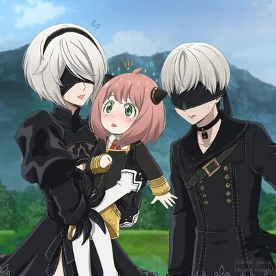 Fan art depicting 2B and 9S from NieR: Automata holding a smaller character in a lush outdoor setting.