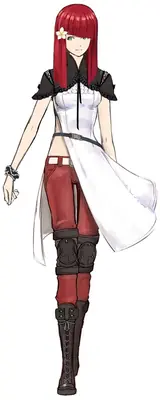 2B (YoRHa No.2 Type B) from NieR: Automata wearing a gothic-lolita inspired outfit with red hair and a white flower, standing against a plain background.