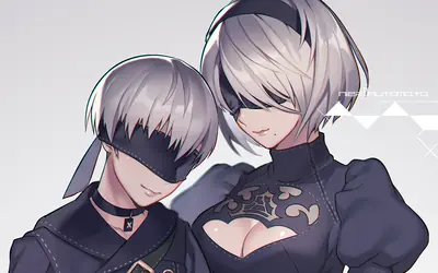 Fan art of 2B and 9S from NieR: Automata, both wearing gothic-lolita style black dresses with blindfolds, posing closely against a light gray background.