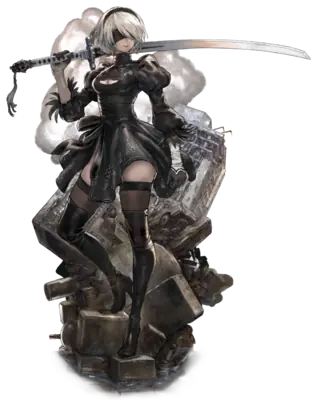 Fan art of 2B (YoRHa No.2 Type B) from NieR: Automata standing on rubble with a sword, wearing a black gothic-lolita dress and blindfold.