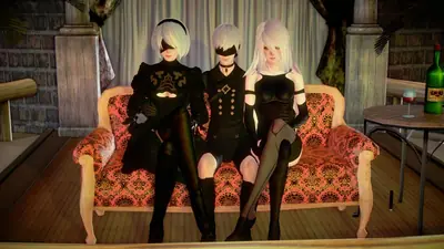 Fan art of 2B and A2 from NieR: Automata sitting on a patterned couch in a dimly lit room.