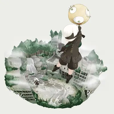 Fan art of 2B (YoRHa No.2 Type B) from NieR: Automata holding a large balloon over a miniature post-apocalyptic landscape.