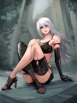 Digital illustration of 2B (YoRHa No.2 Type B) from NieR: Automata, depicted in a gothic-lolita style with a black dress and high heels, sitting in a post-apocalyptic setting.