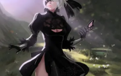 Digital illustration of 2B (YoRHa No.2 Type B) from NieR: Automata, depicted in a black gothic-lolita dress with a blindfold, holding a butterfly in a post-apocalyptic landscape.