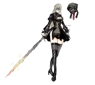 2B (YoRHa No.2 Type B) from NieR: Automata depicted in a gothic-lolita black dress with a sword, standing beside her helmet.