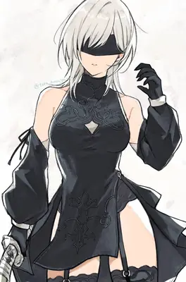 Digital illustration of 2B (YoRHa No.2 Type B) from NieR: Automata wearing a black gothic-lolita dress with a blindfold and gloves.