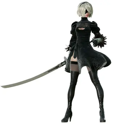 2B (YoRHa No.2 Type B) from NieR: Automata in her signature black gothic-lolita outfit, holding a katana, with a blindfold over her right eye.