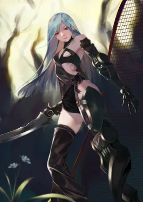 2B (YoRHa No.2 Type B) from NieR: Automata depicted in a dynamic pose with a sword, wearing her signature black gothic-lolita combat outfit and thigh-high boots, set against a smoky industrial backdrop.