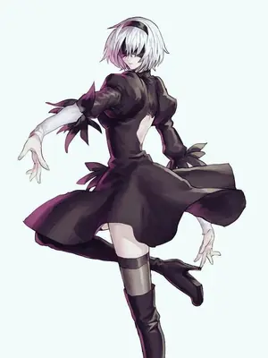 2B (YoRHa No.2 Type B) from NieR: Automata depicted in a dynamic pose wearing a gothic-lolita style black dress with purple accents and her signature blindfold.