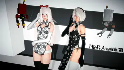 Fan art of 2B (YoRHa No.2 Type B) from NieR: Automata wearing a gothic-lolita dress with a red bow, standing beside another character in a black outfit.