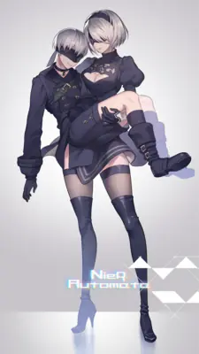 Digital illustration of 2B (YoRHa No.2 Type B) carrying 9S from NieR: Automata, both wearing black gothic-lolita combat outfits with blindfolds.