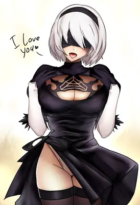 Fan art of 2B (YoRHa No.2 Type B) from NieR: Automata wearing a black gothic-lolita dress with a blindfold and white hair.