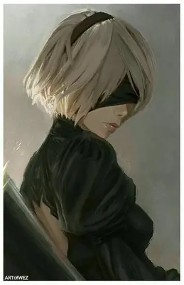Fan art of 2B (YoRHa No.2 Type B) from NieR: Automata, depicted in a gothic-lolita style with a blindfold and black dress.