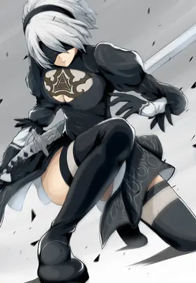2B (YoRHa No.2 Type B) from NieR: Automata depicted in a dynamic combat pose, wearing her signature black gothic-lolita outfit with blindfold and sword.