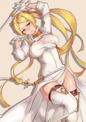 2B (YoRHa No.2 Type B) from NieR: Automata depicted in a white gothic-lolita style outfit with flowing blonde hair and a sword, in a dynamic pose.