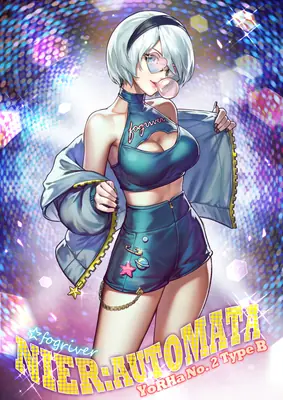Fan art of 2B (YoRHa No.2 Type B) from NieR: Automata wearing a gothic-lolita style outfit with a blindfold and bubblegum, set against a sparkling disco background.