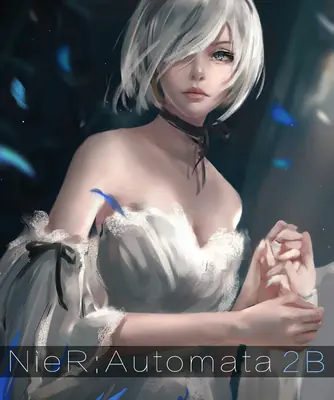 Digital illustration of 2B (YoRHa No.2 Type B) from NieR: Automata wearing a white gothic-lolita dress with a blindfold and blue glowing accents.