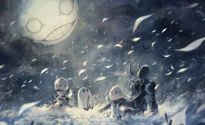 Digital illustration of 2B (YoRHa No.2 Type B) from NieR: Automata standing with other characters under a large, smiling moon.