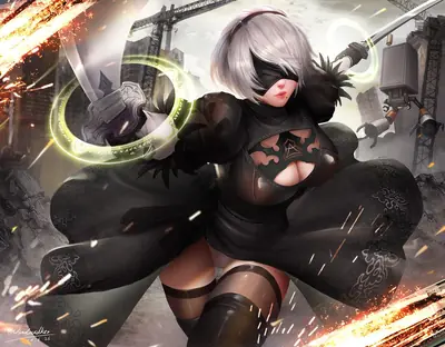 Fan art of 2B (YoRHa No.2 Type B) from NieR: Automata in a dynamic combat pose with a sword and glowing effects.