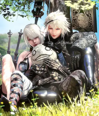 Fan art of 2B and 9S from NieR: Automata sitting together in a grassy field with a machine skull, created as a digital illustration.