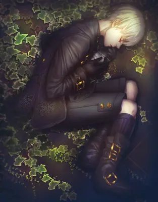 Digital illustration of 2B (YoRHa No.2 Type B) from NieR: Automata lying peacefully among ivy, wearing her signature black dress and boots.