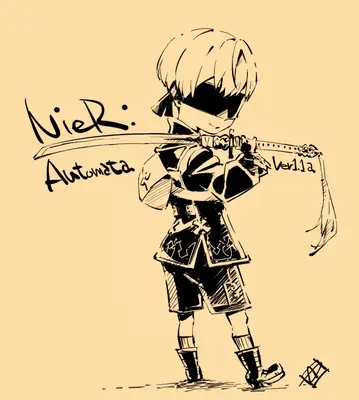 Chibi-style sketch of 2B from NieR: Automata holding a sword with a blindfold and short hair.