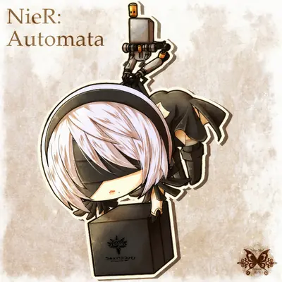 Chibi-style illustration of 2B (YoRHa No.2 Type B) from NieR: Automata, depicted with a blindfold and holding a YoRHa device.