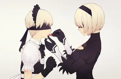 Digital illustration of 2B and A2 from NieR: Automata, featuring one character applying lipstick to the other's blindfolded face.
