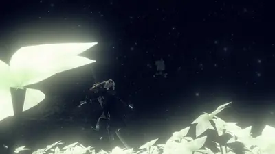 2B (YoRHa No.2 Type B) stands in a dark, starry landscape with glowing plants, a scene from NieR: Automata.