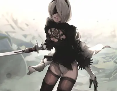 Digital illustration of 2B (YoRHa No.2 Type B) from NieR: Automata, shown in a combat stance with a sword.