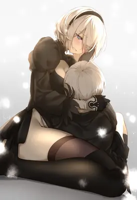 Digital illustration of 2B (YoRHa No.2 Type B) from NieR: Automata embracing A2 in a tender moment.