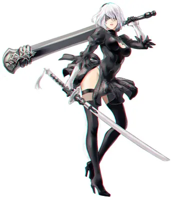 Digital illustration of 2B (YoRHa No.2 Type B) from NieR: Automata, depicted in a combat stance with two swords.
