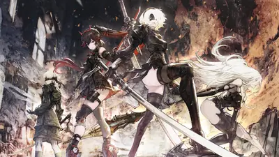 Fan art of 2B (YoRHa No.2 Type B) from NieR: Automata standing in a dramatic pose with other characters amidst a ruined, post-apocalyptic landscape.