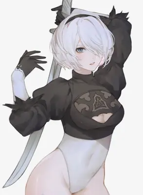 Digital illustration of 2B (YoRHa No.2 Type B) from NieR: Automata wearing a gothic-lolita style black top and white bodysuit, holding a sword.