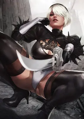 2B (YoRHa No.2 Type B) from NieR: Automata depicted in a gothic-lolita style outfit with a blindfold and sword, set against a post-apocalyptic backdrop.