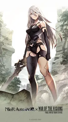 2B (YoRHa No.2 Type B) from NieR: Automata stands in a gothic-lolita black dress with a sword, set against a post-apocalyptic ruin landscape.