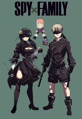 Fan art of 2B (YoRHa No.2 Type B) from NieR: Automata depicted in a crossover with characters from Spy x Family, featuring a black dress and blindfold.