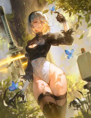 Digital illustration of 2B (YoRHa No.2 Type B) from NieR: Automata standing in a sunlit forest with butterflies and her sword.