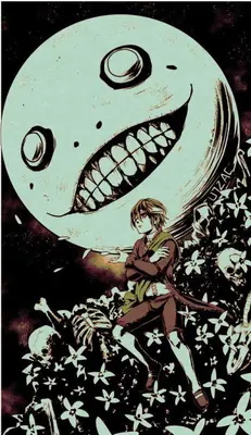 Fan art of 2B from NieR: Automata standing in a post-apocalyptic landscape with a large moon and skulls, wearing a gothic-lolita outfit.