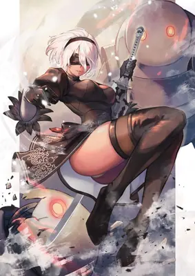 Digital illustration of 2B (YoRHa No.2 Type B) from NieR: Automata in a dynamic combat pose with a sword and blindfold.
