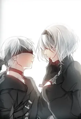 Fan art of 2B and 9S from NieR: Automata, featuring two YoRHa androids in a close, emotional moment with blindfolds.