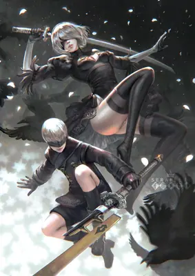 Digital illustration of 2B and 9S from NieR: Automata in combat stances with swords, surrounded by dark birds against a starry backdrop.